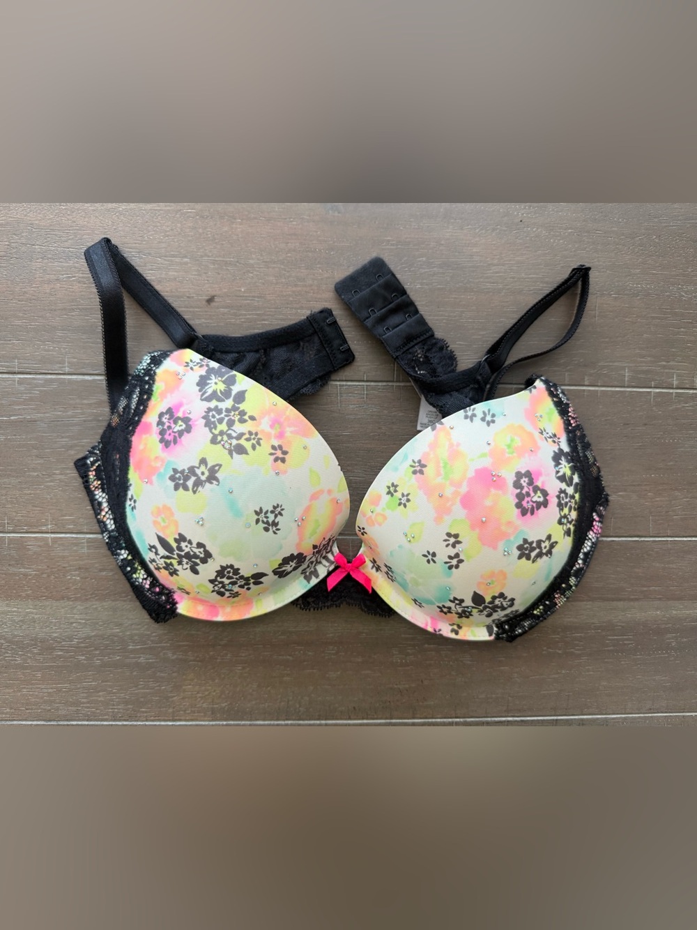 Victoria's Secret Neon Floral Push-Up Bra with Black Lace